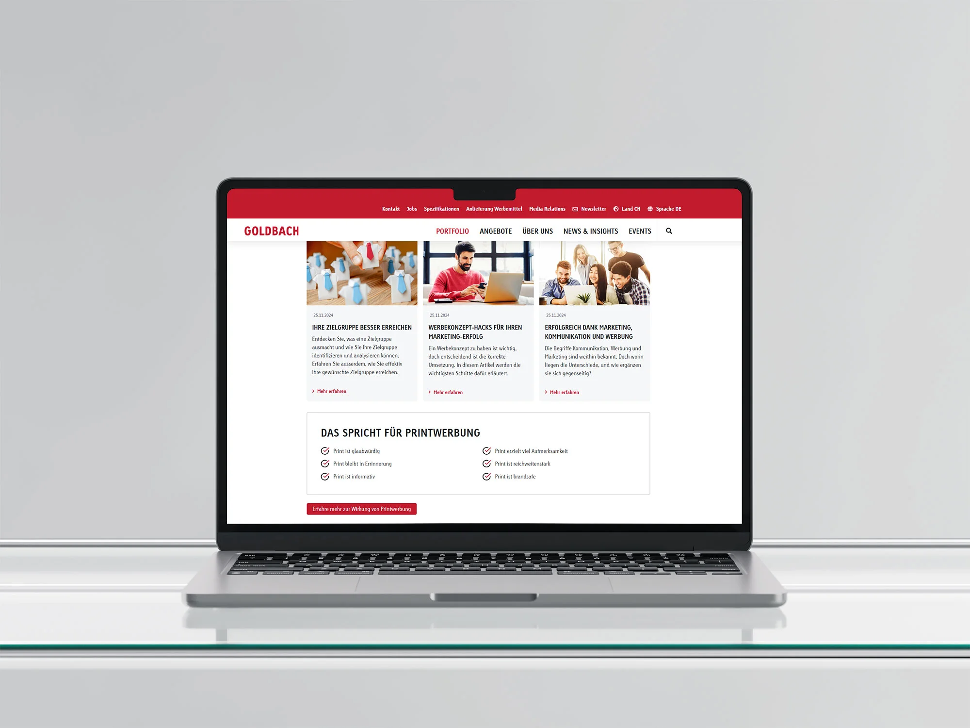 Live CMS modules from the KMU-Lösungen pages: the media reach module and the print-advertising benefits module